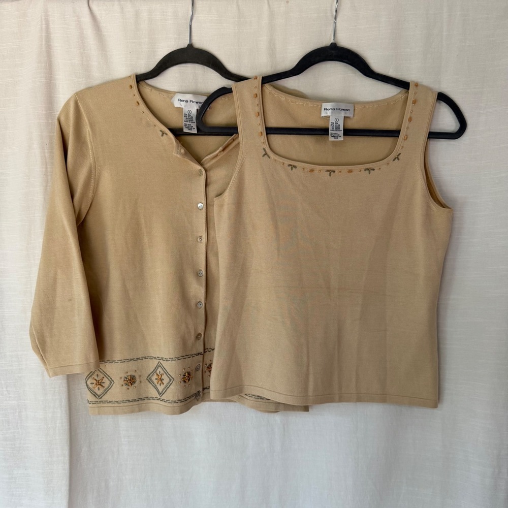 Rena Rowan Silk Blend Twin Set Tan Beaded Cardigan and Tank Top Small